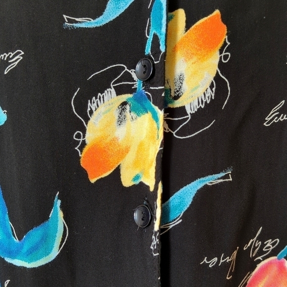First Option 90's Vintage Colorful Floral Short Sleeve Button Down Top Black M - Picture 6 of 11